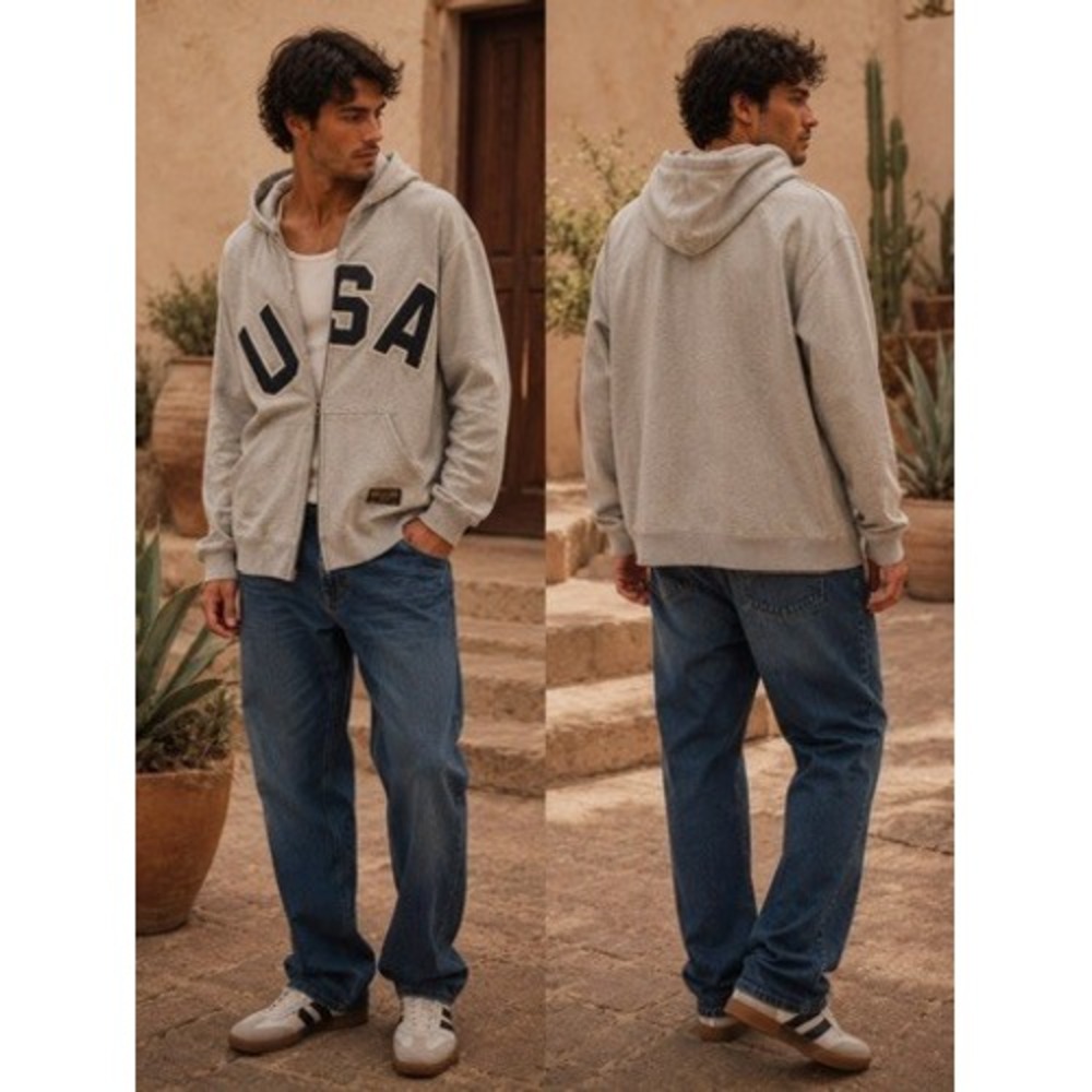 Polo Jeans Co Ralph Lauren Men 2XL Gray USA Full Zip Hoodie Heathered Sweatshirt